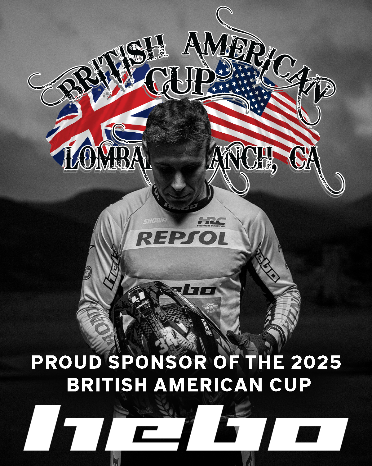 Toni Bou looking at his helmet with a BAC logo behind him and text that says Proud sponsor of the 2025 British American Cup followed by a HEBO logo