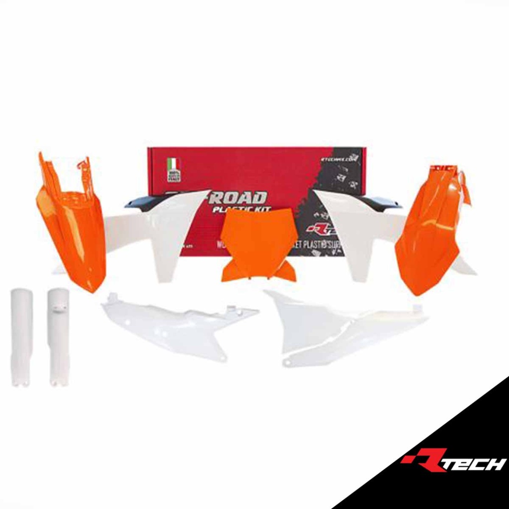 RTech R-KITKTM-OEM-714 Full Plastic Kit with Left Airbox Cover and White Fork Protectors - KTM SX/SXF/XC/XCF Models (2022 to 2024) - 7 PCS - (K Orange / Black / White)
