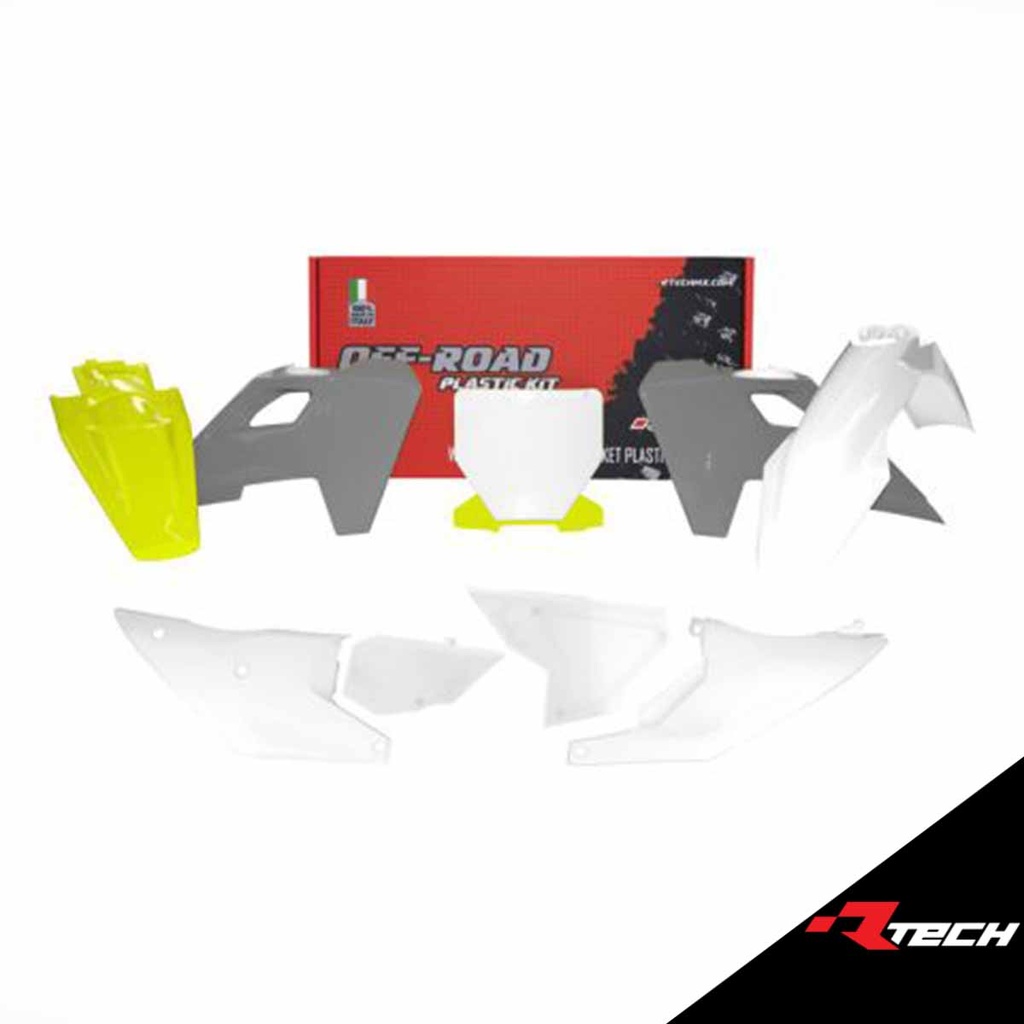 RTech R-KITHSQ-OEM-533 Plastic Kit - Husqvarna FC/FS/TC/FX Models (2022 to 2024) - 7 PCS - (White / Grey / HSQ Lemon Yellow)