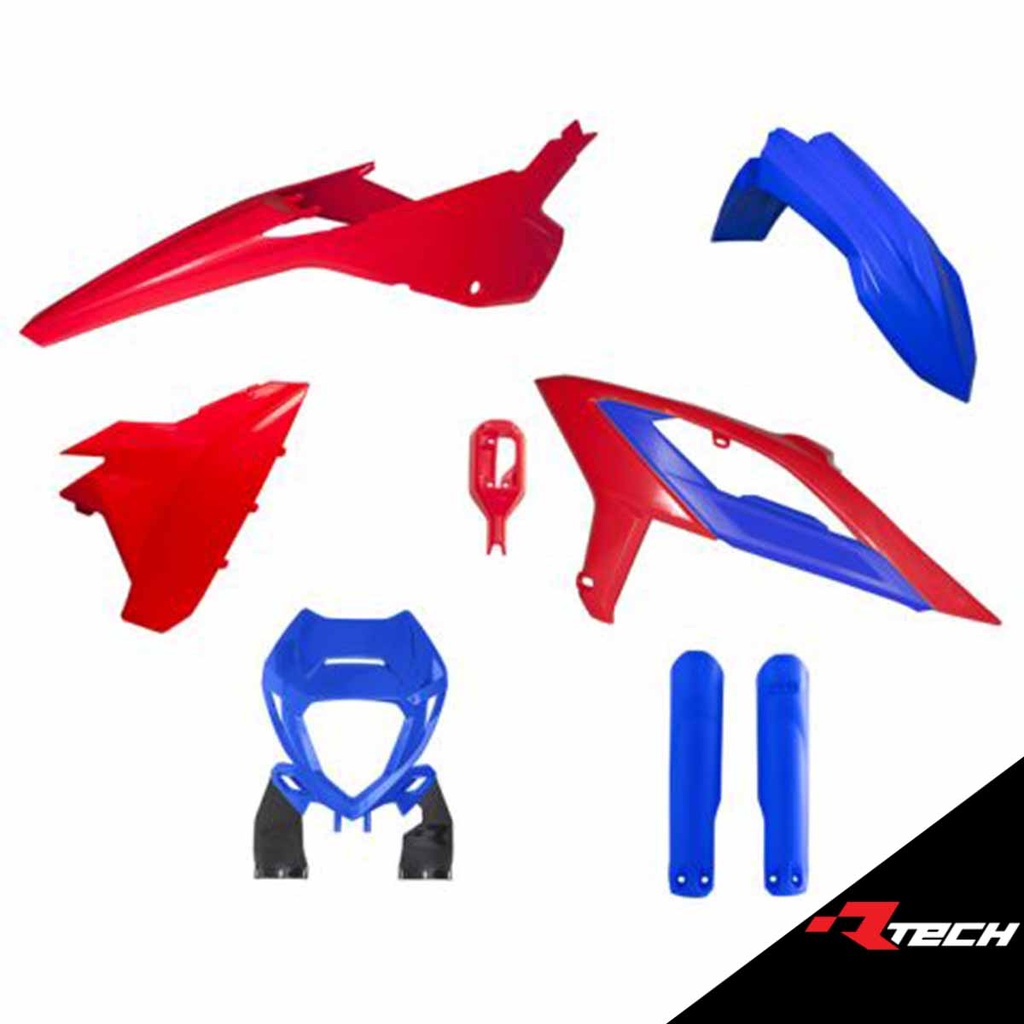 RTech R-KITBET-RSB-633 Enduro Full Plastic Kit with Front Headlight Plastic & Factory Wrap Fork Protectors - Beta RR Models (2023 to 2024) - 6 PCS - (Blue/Red Beta)
