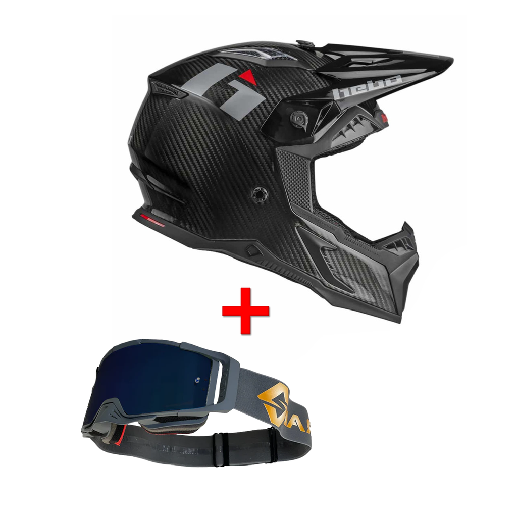 Hebo Enduro Race Carbon Helmet + Viral Signature Series Pro Goggles Bundle - Small - (Black/Black Gold)