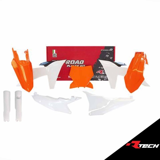 [RTECH-R-KITKTM-OEM-714] RTech R-KITKTM-OEM-714 Full Plastic Kit with Left Airbox Cover and White Fork Protectors - KTM SX/SXF/XC/XCF Models (2022 to 2024) - 7 PCS - (K Orange / Black / White)