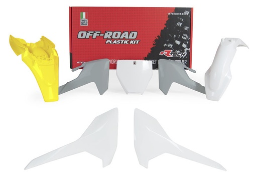 [RTECH-R-KITHSQ-OEM-565] RTech Plastic Kit for Husqvarna TC 65 Bikes (2017-2023) - 5 PCS - (White/Husqvarna Lemon Yellow/Grey)